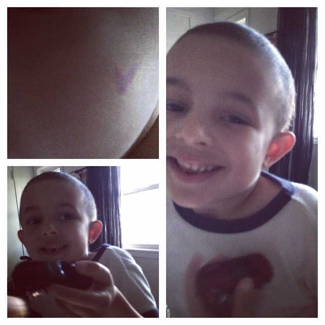 Not only did he get a cool car, but she also left a tiny purple heart-shaped kiss on his cheek;) He talked about it all day!