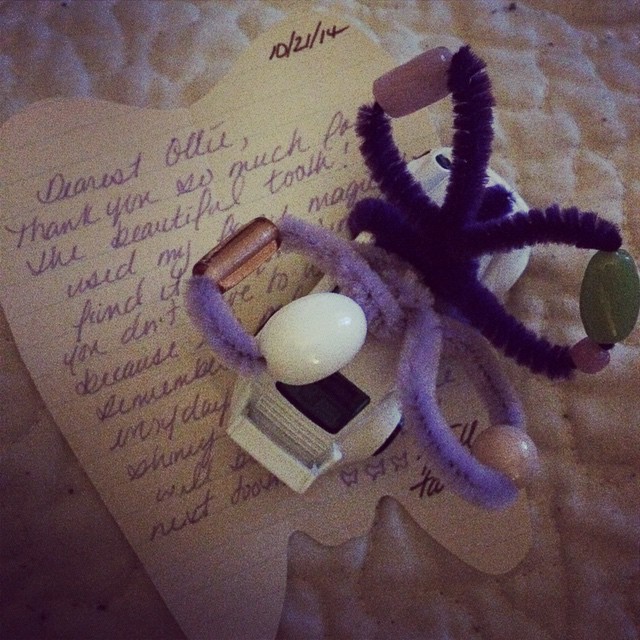 The Tooth Fairy brought his a Fairy Winged car and left him a note ensuring him that she used her magic to retrieve said tooth from his belly;)